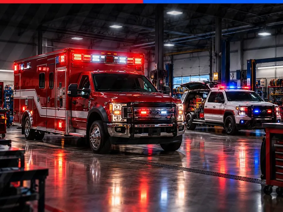 Red ambulance and white fire command SUV with warning lights