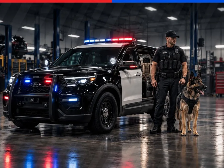 K-9 police SUV with kennel insert and a handler with a German Shepherd