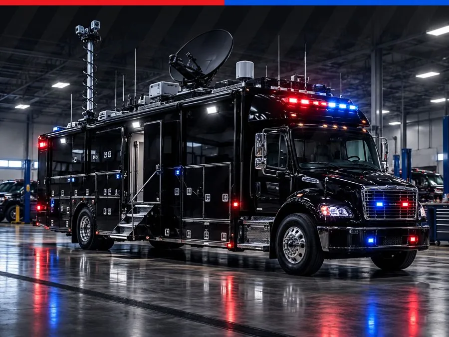 Mobile command vehicle with antenna mast, satellite dish and warning lights