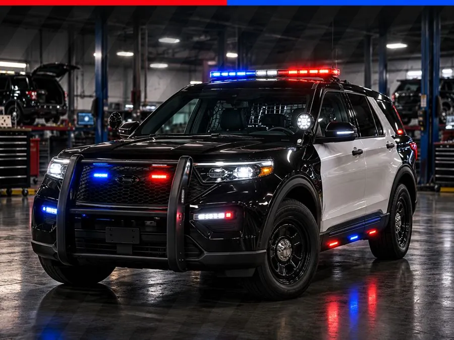 Black and white police SUV with lightbar and push bar upfitted in the shop