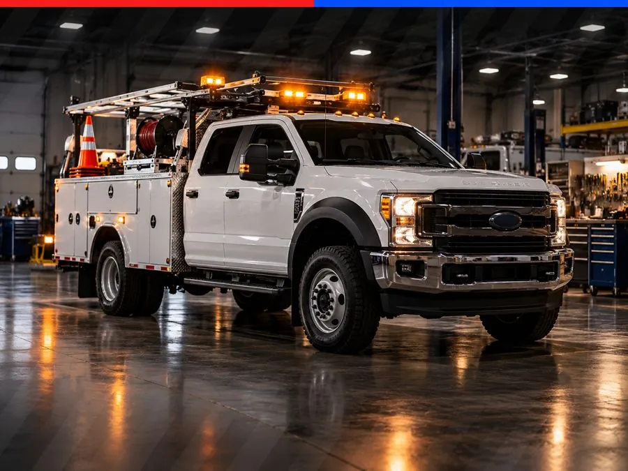 White utility truck with amber lights, ladder rack and traffic cones