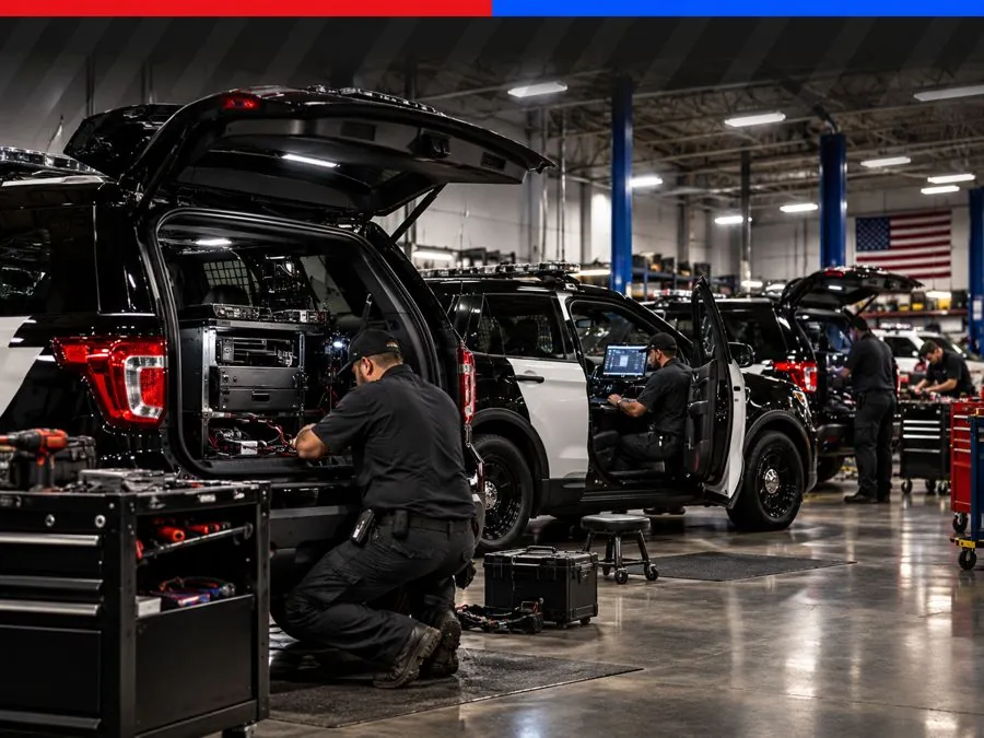 Technicians installing equipment in police SUVs on the shop floor